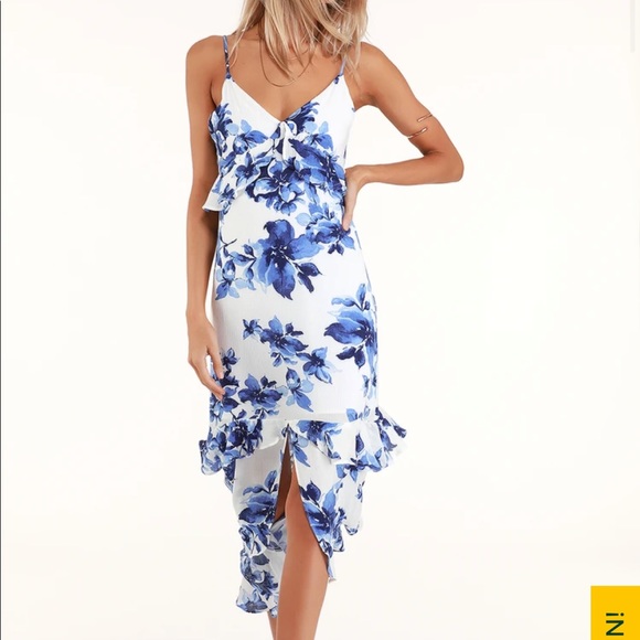 Lulus Dresses & Skirts - NWOT lulus Island Time Blue and White Floral Print Ruffled Midi Dress